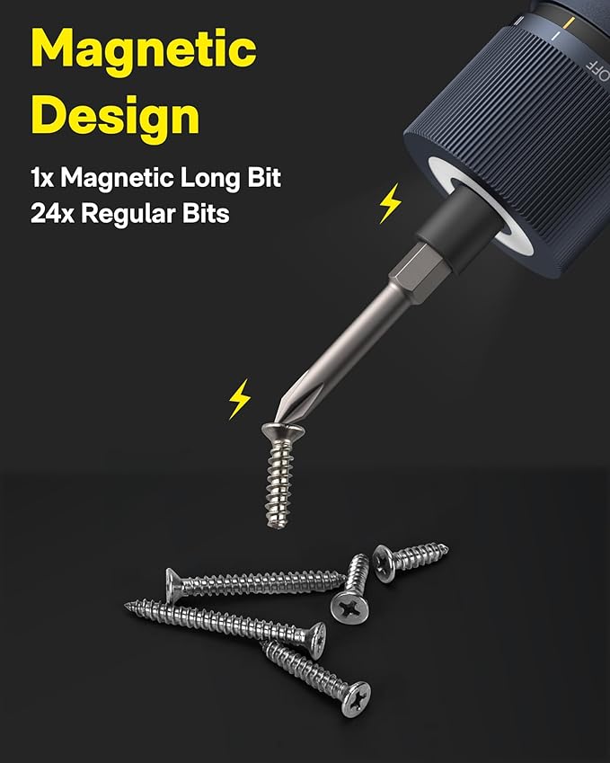 HOTO Electric Screwdriver Kit, 25-Piece Upgraded Bit Set, 3.6V Cordless Screwdriver Rechargeable, Magnetic Case Lid, 3 Torque Settings, 1500mAh Battery, LED Light for Furniture/Electrical Repairs