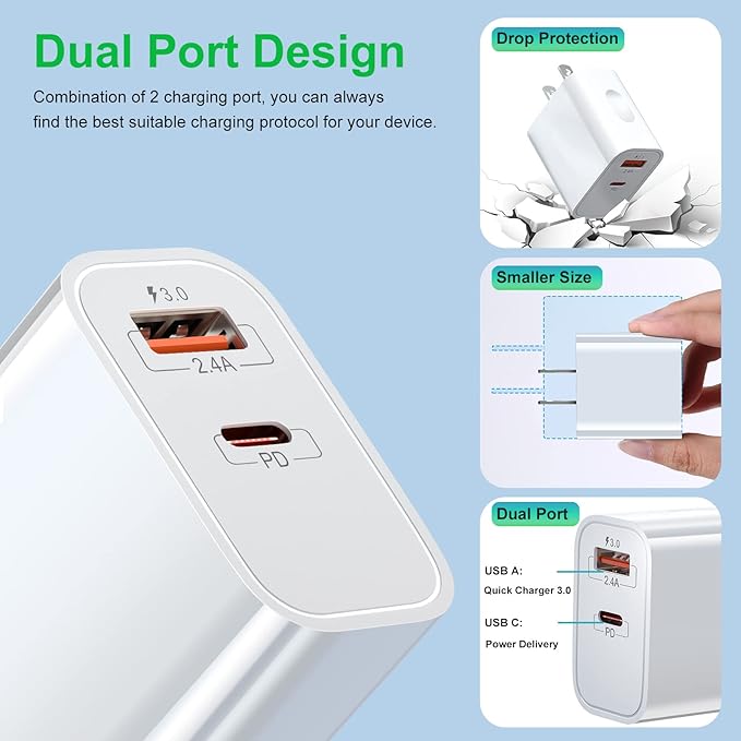 20W USB C Charger Block, Bangfun Dual Port PD 20 Watt Fast Charger Block+ Quick Fast Charge 3.0 Type C Charging Block Compatible iPhone 17/16/15/14/13/12/11 Pro Max/XR/XS/SE/Plus,Pad Pro Air(White)
