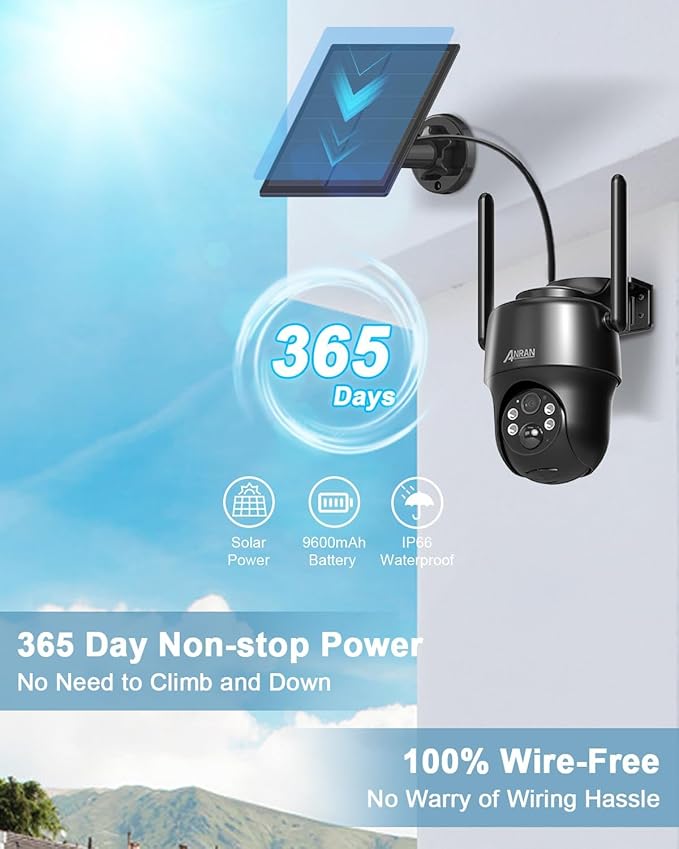 ANRAN 4G LTE Cellular Solar Security Camera Wireless Outdoor,No WiFi 3MP Solar Powered 2K Camera,Color Night Vision,360° Live View,PIR Motion Sensor,2 Way Talk,Black (SIM&SD Card Included)