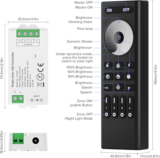 BTF-LIGHTING 5050SMD FCOB COB Dimming RF 2.4GHz Wireless Remote RC01RFB &3PCS C01RF Tuya Controller Kit 4 Zones Group Control PWM Single Color (+V -V) 2pin LED Neon Rope Light DC5V DC12V DC24V