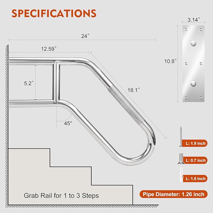 2025 Upgrade Handrails for Outdoor Steps Wall Mount Handrail, 304 Stainless Steel 1 to 3 Steps Stairs Anti-Slip Hand Rail, Deck Wall Mounted Grab Bars Suitable for Indoor, Garage, Porch, Garden