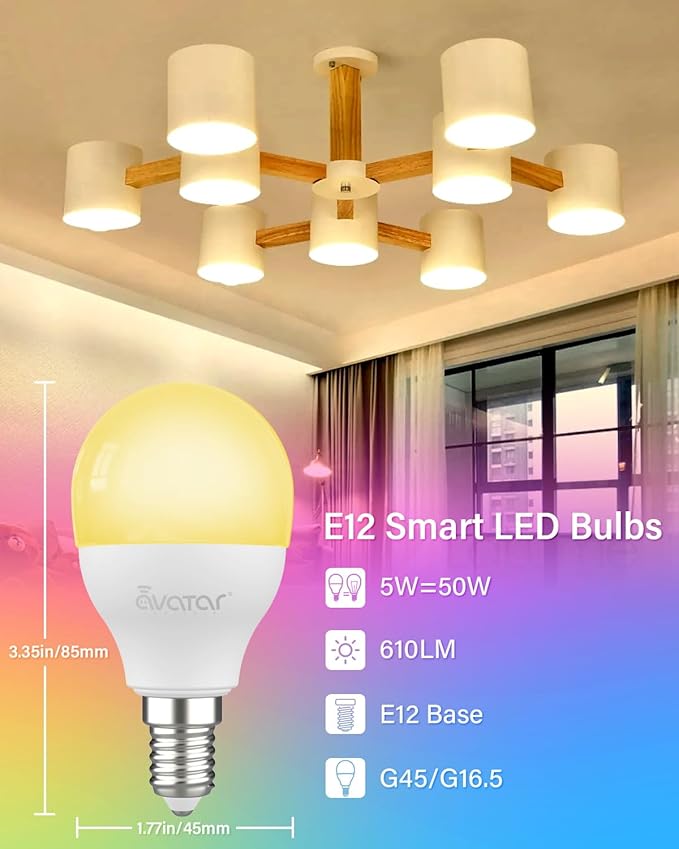 Avatar Controls 4 Pack E12 Smart LED Light Bulb, 5W Alexa Small Base Candelabra Bulbs, Wi-Fi Ceiling Fan Bulbs Color Changing Timer Music Sync, 2700-6500K