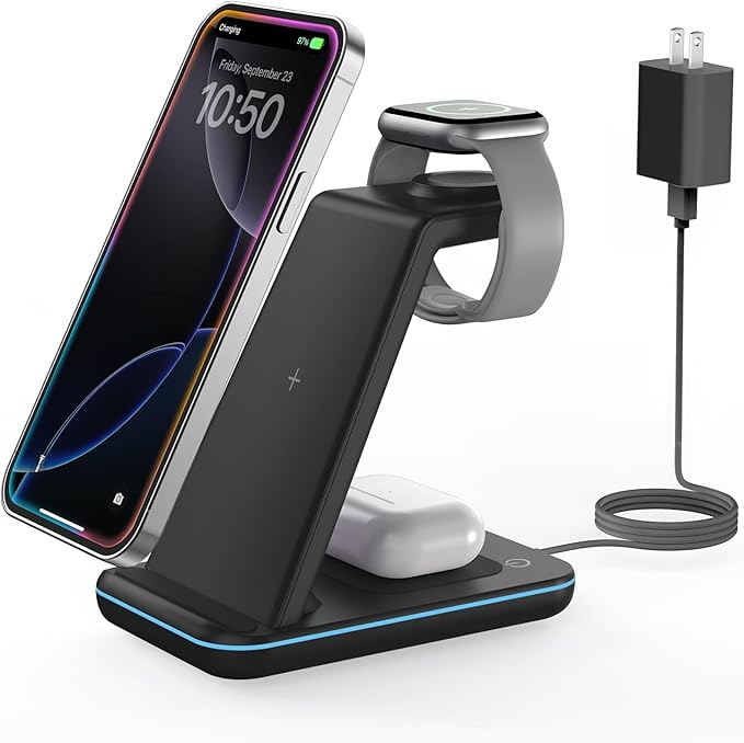 Wireless Charger for iPhone Charging Station: 3 in 1 Phone Charger Stand for iPhone 16/15/14/13/12/11/SE/X Pro Max Plus - Apple Watch Ultra/10/9/8/SE/7/6/5/4/3 - AirPods 2/3/4 Pro