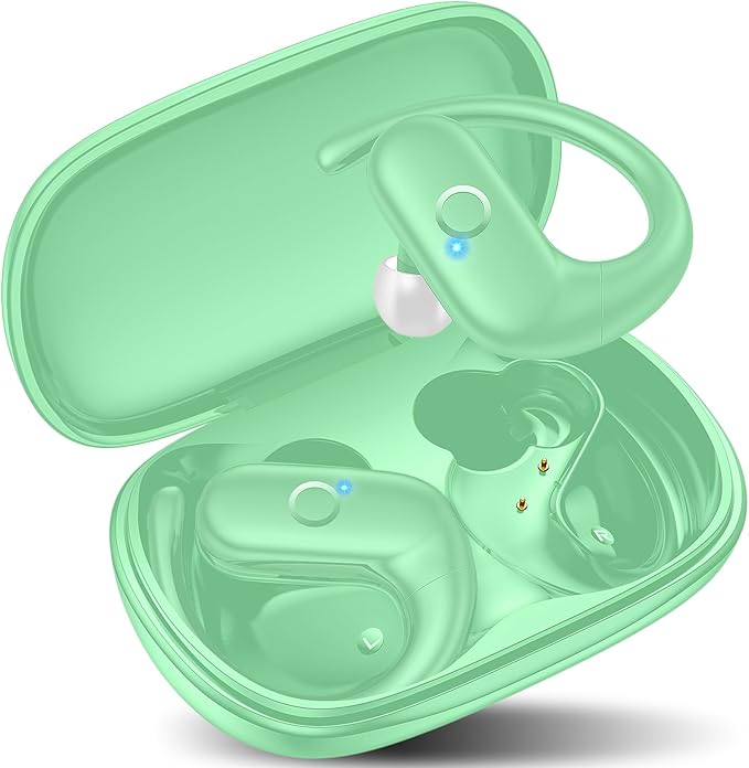 kurdene Wireless Earbuds Bluetooth Headphones Sport,Over Ear Buds with Deep Bass Sound,60Hrs Playtime Earphones Redesigned Comfort Fit with Earhooks for Running,Meeting,Workout-Mint Green