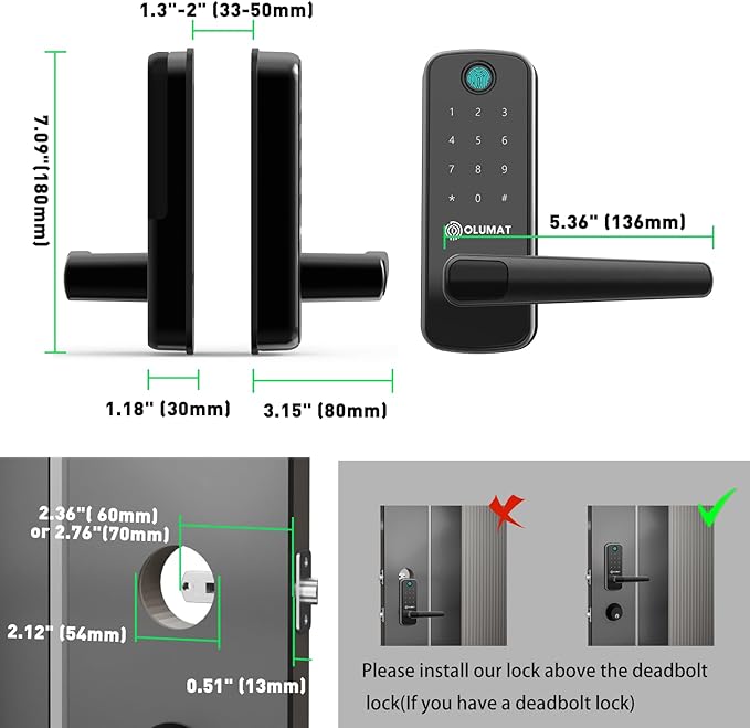 Smart Door Lock with Handle: Olumat Keyless Entry Door Lock with WiFi Gateway - Smart Locks for Front Door with Keypad - Fingerprint Lock