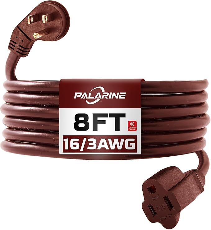 Indoor Flat Plug Brown Extension Cord 8ft, UL Listed, 16/3 SJTW 3 Prong Heavy Duty, 16 Gauge 13A Power Cord for Lights, Appliance, Home, Office