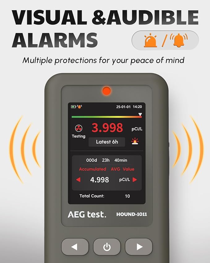 HOUND-1011 Portable Radon Detector for Home, Lightweight, High-Accuracy Sensor, 45-Day Monitoring, Easy-to-Use Radon Tester, Short- & Long-Term in pCi/L or Bq/m³ for Basement – Gray
