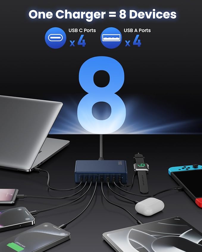 200W USB C Charger Block,GaN IV Charging Station 8 Ports,QC4.0 Fast Charging Station Hub+PD 65W USB C Laptop Charger Adapter Compatible with MacBook Air/Pro,DELL,iPhone 16/15,iPad,Steam Deck-Deep Blue