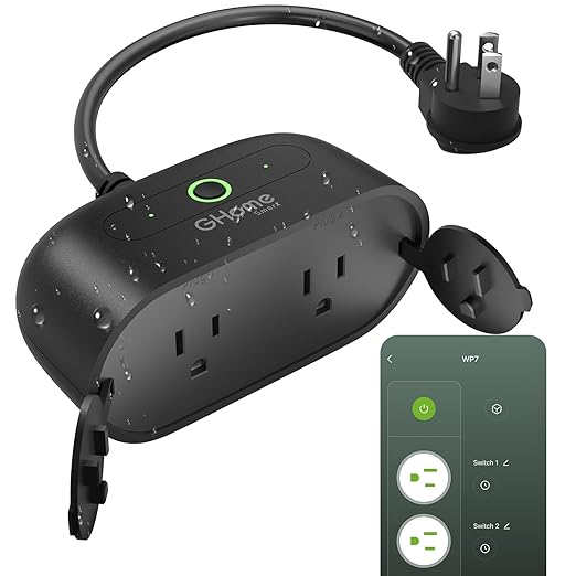 GHome Smart Outdoor Plug Wi-Fi Outlet, Dual Individual Sockets Smart Plug with IP64 Waterproof, Works with Alexa Google Assistant & SmartThings, No Hub Needed for Smart Home Control, 2.4G WiFi Only