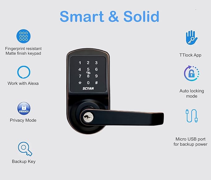 Smart Door Lock, Keyless, Fingerprint, SCYAN X2 Handle Lock with Touchscreen Keypad Access, Auto Locking, for Home, Office, Airbnb, Rental House, Aged Bronze