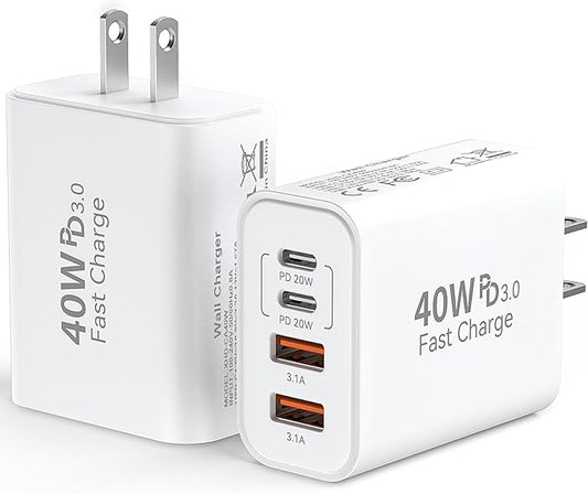 USB C Wall Fast Charger Block, 40W 4-Port Type C Charger Fast Charging Blocks PD Power Charger Adapter+QC 3.0 USB Multiport Charger Brick for iPhone 17/16/15/14/13/12 Pro Max, iPad, Galaxy S25-2Pack