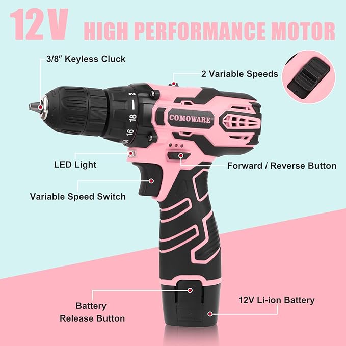 COMOWARE Pink Cordless Drill Set for Women, 12V Lightweight Electric Screwdriver with 3/8" Keyless Chuck, 1.5Ah Battery - Portable Power Drill Kit with Pink Tool Bag for Home DIY Projects