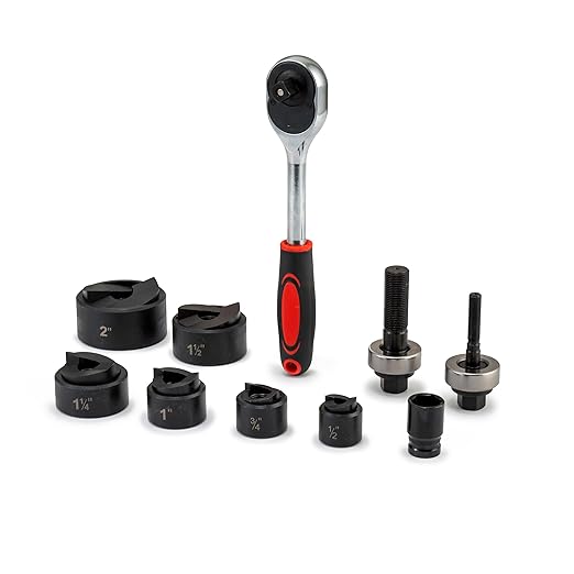 Ratchet Knockout Punch Set, 6 Dies 1/2" to 2", Ratchet KO Tool Kit for Electrical Conduit, Hole Cutter Driver Kit with Wrench & Accessories