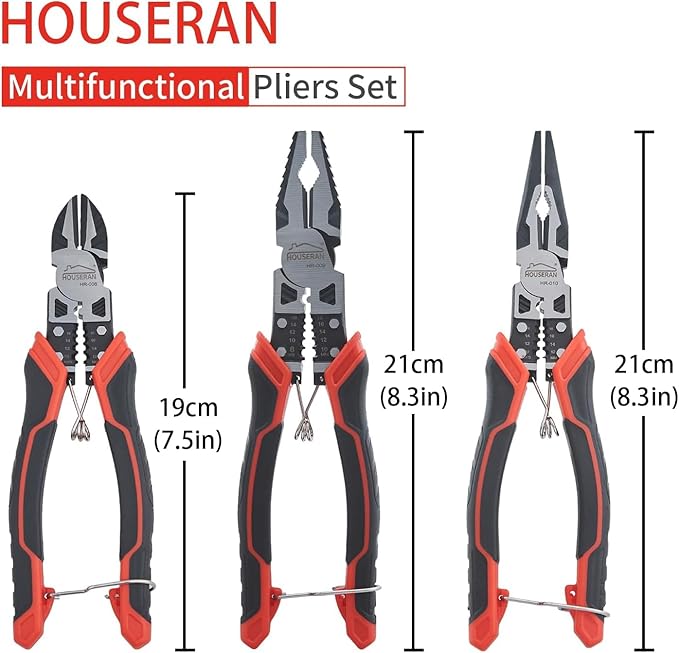 Pliers Set, HOUSERAN 3-Piece Plier Tool Set Including 8.3” Needle Nose Plierss, 8.3” Linemans pliers, 7.5” Diagonal Cutters, Spring Loaded with Safety Lock, Combination Plieres set