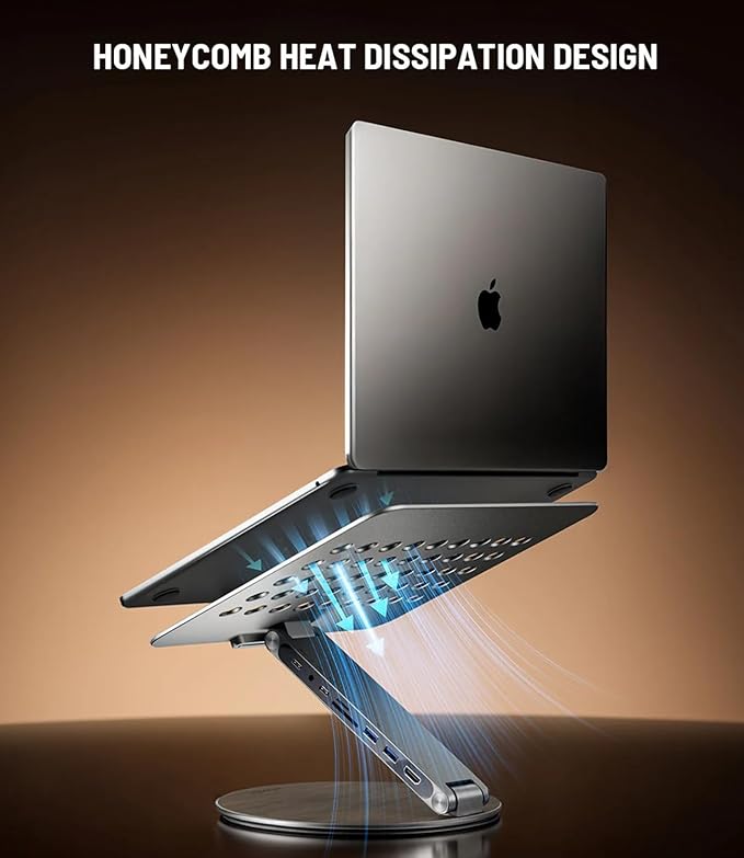 Adjustable Laptop Stand with 7-in-1 Hub, Foldable Portable Aluminum Laptop Riser with 360° Swivel Base for Desk, Ergonomic Computer Notebook Stand Holder for All Laptops 10-17"-Gray (Wooden)