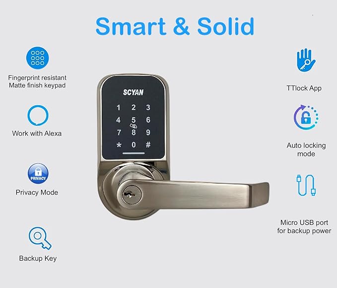 Smart Door Lock, Keyless Entry Door Lock, SCYAN X4 Handle Lock with Touchscreen Keypad Access, Auto Locking, for Home, Airbnb, Rental House (Brushed Nickel)