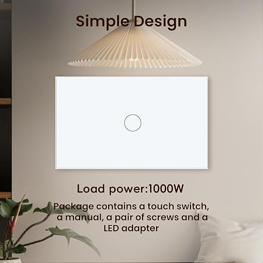 Light Switch No Neutral Wire,Single Live Wire Light Switch No WiFi,Tempered Glass Panel,Total Power Maximum 1000W,FCC Certification,White 1 Gang