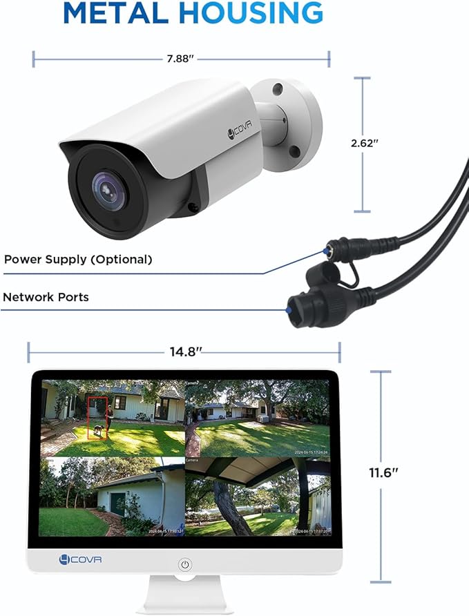 4COVR 8 Channel 4K Security Camera System with Monitor, 8CH H.265 NVR with 2TB HDD, AI Human Vehicle Detection, 8Pcs 8MP IP67 PoE IP Bullet Camera Night Vision with Mic, 24/7 Recording, LY37EX8MU808