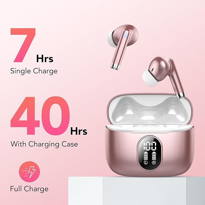 Wireless Earbuds, 2025 New Bluetooth 5.4 Headphones HiFi Stereo with 4 ENC Mic, 40H Mini Ear Buds In-Ear Noise Cancelling Earbuds with LED Screen, Ultra Light USB-C Bluetooth Earphones for Android iOS