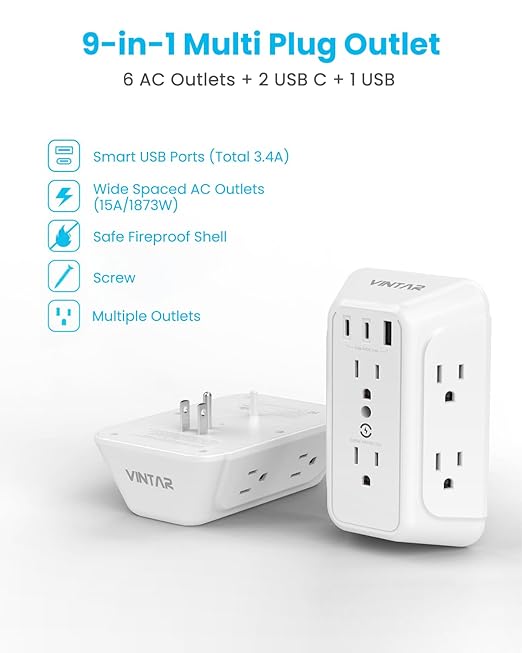 [2-Pack] Surge Protector Outlet Extender, VINTAR 6 Outlet Splitter with 3 USB Charging Ports (2 USB C),900J Multi Plug Outlet Power Strip, 3-Sided Usb Wall Charger for Home Office Dorm Room Essentials