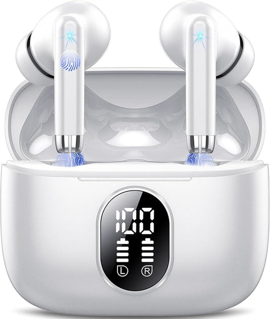 Wireless Earbuds, 2025 New Bluetooth 5.4 Headphones HiFi Stereo with 4 ENC Mic, 40H Mini Ear Buds In-Ear Noise Cancelling Earbuds with LED Screen, Ultra Light Bluetooth Earphones White for Android iOS