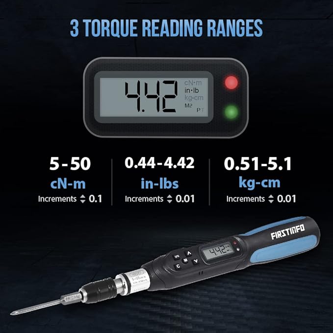 FIRSTINFO H5277U Digital Torque Screwdriver, Dual Direction 0.44-4.42 in-lbs. / 5-50 cN-m / 0.51-5.1 kg-cm, with 250 Data Memory, LED and Buzzer Notification, Preset Memory