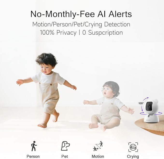 2.5K Security Camera Indoor, Non-Subscription AI Person/Pet/Cry Detection, 4MP Pet/Dog/Cat Camera w/Phone App, Pan Tilt 2.4GHz WiFi Cameras for Home Security, IR Night Vision, Full Duplex 2-Way Audio