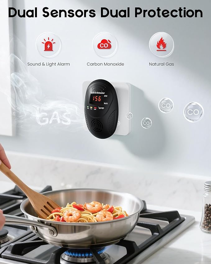 Carbon Monoxide Detectors and Natural Gas Detector, Carbon Monoxide Detectors Plug in, Gas Leak Detector with Dual Sensors - Natural, Propane, Co Leak Detection for Home, RV Essentials, Black, 1Pcs