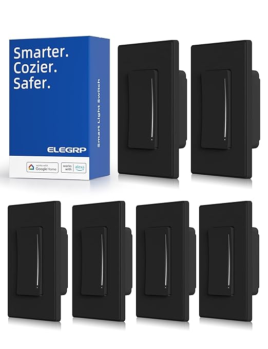 ELEGRP Smart Dimmer Light Switch DTR30, Single Pole or 3 Way, 2.4GHz Wi-Fi Touch Dimmer Compatible with Alexa/Google Assistant, Needs Neutral Wire, No Hub Required, UL and FCC Listed, Black, 6 Pack