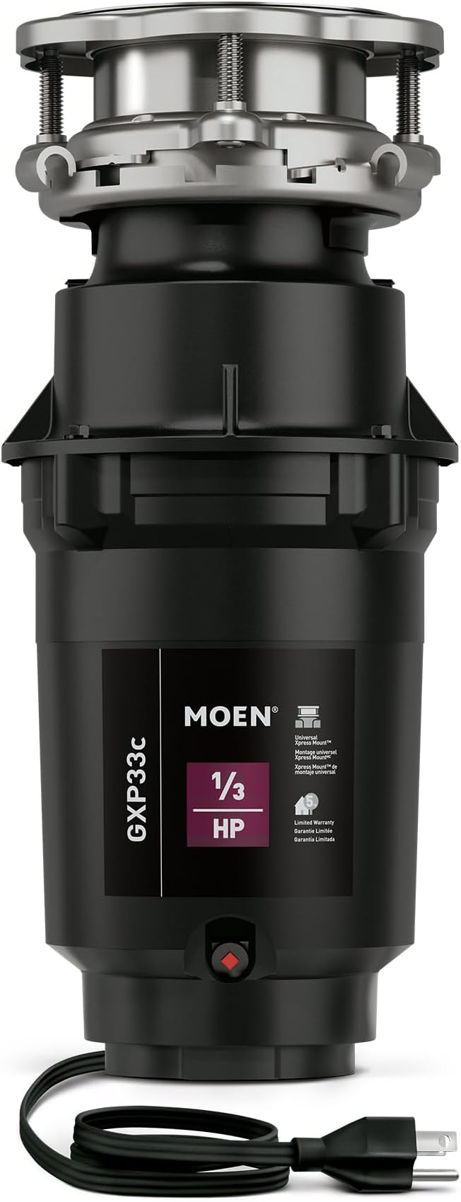 Moen Lite Series PRO Compact Continuous Feed Garbage Disposal for Kitchen Sink with Power Cord, GXP33C