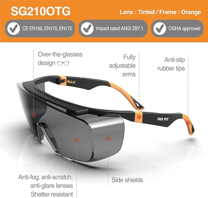 DEX FIT Safety Work Over Glasses SG210 OTG; Z87 Eye Protection for Men & Women, Fog & Scratch Resistant, Adjustable, UV Blockective (Black & Orange Frame, Tinted Lens)