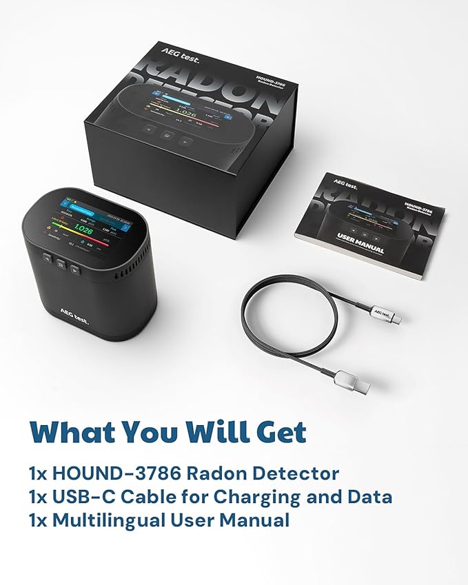 HOUND-3786 Radon Detector for Home, 10-Min Update, 3.5" Large Display, Long-Term Radon Monitoring with Data Charts, PDF Export, Audible & Visual Alarm, pCi/L & Bq/m³ -Black