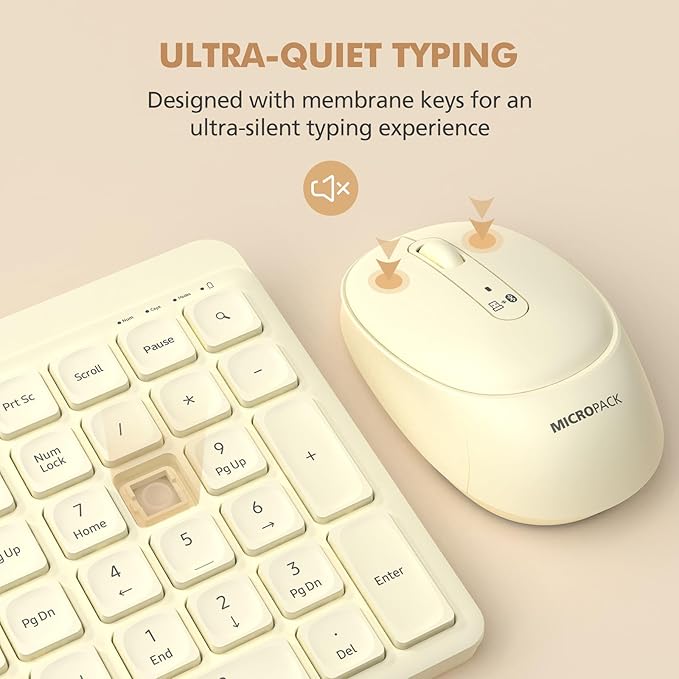 Wireless Keyboard and Mouse Combo for Desktop Mac iPad Bluetooth 2.4 Ghz Rechargeable Ultra Silent Click with Number Pad Compatible with Pc, Laptop, Tablet (Cream)