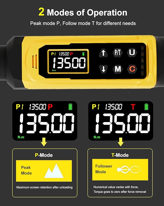 Digital Torque Wrench 3/8" Drive, 1.5-99.5 FT.Lb - 5 Units with Color Screen, Vibration/Buzzer/LED, 5" Extension & 3/8 to 1/2 Adapter, 3/8 Torque Wrench ±2% Accuracy for Car, Motorcycle, Bike Repair