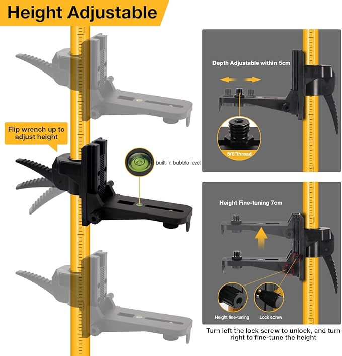 MOETER Telescoping Laser Level Pole with Tripod - 15.7ft/4.8M Laser Pole with Adjustable Bracket, 1/4"-20 & 5/8"-11 Thread Adapters for Rotary and Line Lasers