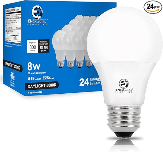 Energetic Light Bulbs 60 Watt Equivalent, A19 Daylight LED Light Bulbs, 15000 Hrs E26 Base, 8W-9W 800LM-760LM 5000K Light Bulb, UL Listed, Non-Dimmable, 24-Pack