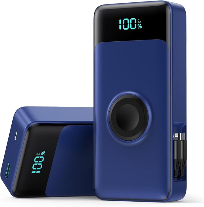 Portable Charger 40800mAh Power Bank with 2 Built-in Retractable Cables,25W PD Fast Charging Phone Charger with iWatch Charger,5 Output 2 Input LCD Display Battery Pack for iPhone 16/15,Android (Blue)