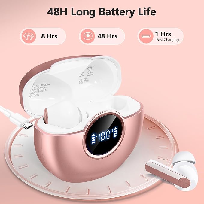 Wireless Earbuds 2025 NEW Bluetooth 5.4 Headphones Bass 3D Stereo,In-Ear Pink Earphones with 4 ENC Noise Cancelling Mic,48H Playtime with LED Display, IPX7 Waterproof for Laptop Android iOS, Rose Gold