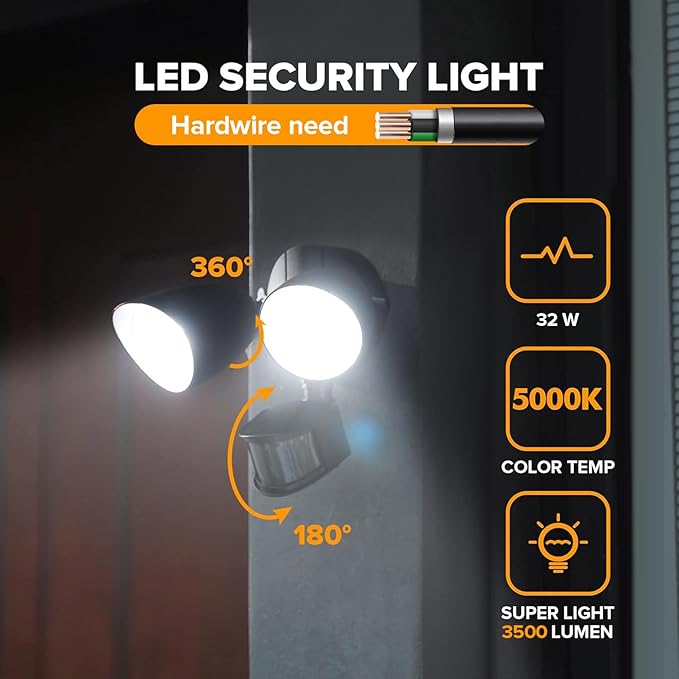 LUTEC 32W 3500 Lumen LED Security Lights Motion Sensor Light Outdoor, 5000K Daylight, IP65 Waterproof, Dusk to Dawn, Hardwired Motion Detector Flood Light for Garage, Yard, Porch-Black