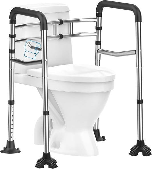 Toilet Safety Rails, Stainless Steel Adjustable Toilet Frame with Soft Handles&Tissue Holder, 380LBS Foldable Detachable Toilet Safety Frame for Elderly, Seniors, Handicap & Disabled