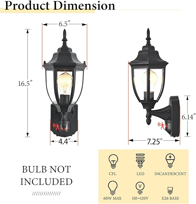 Porch Lights Outdoor Motion Sensor Wall Sconce Anti-Rust Aluminum, Exterior Outdoor Wall Lights Dusk to Dawn Porch Light Fixture Wall Mount for House Outside Patio