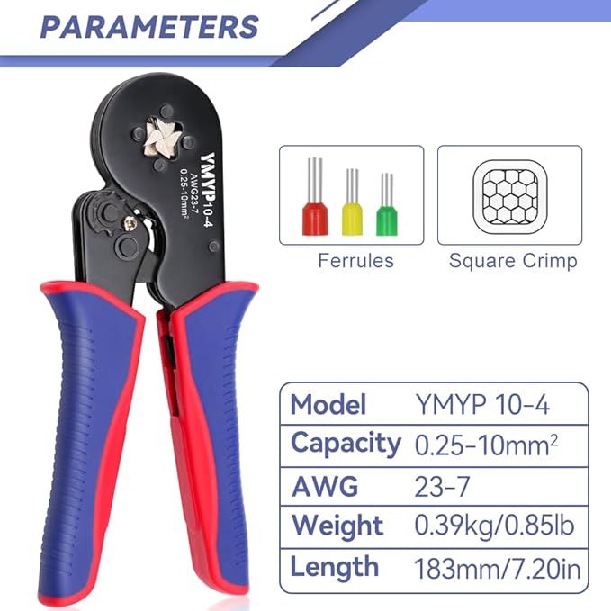 Ferrule Crimping Tool AWG 23-7, Square Crimper for End-Sleeves Terminal - Self-Adjusting Racheting Tool