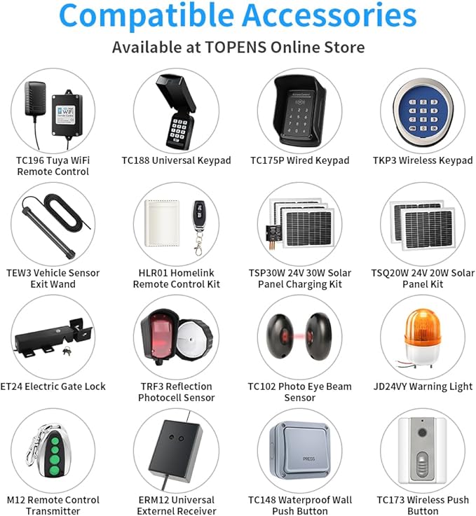 TOPENS AT1202 Automatic Gate Opener for Heavy Duty Dual Swing Gates Up to 18ft per Arm, Dual Swing Gate Operator AC Powered with Remote Control Kit Gate Motor Solar Compatible