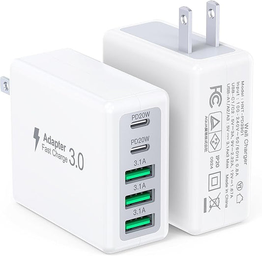 [2-Pack] 50W USB C Wall Charger Block,5-Port Type C Fast Charging Brick Cube Dual PD Power Adapter&QC Multiport Wall Plug Adapter for iPhone 16 15 Pro Max,AirPods 4,iPad,Samsung,Watch10,Ultra2