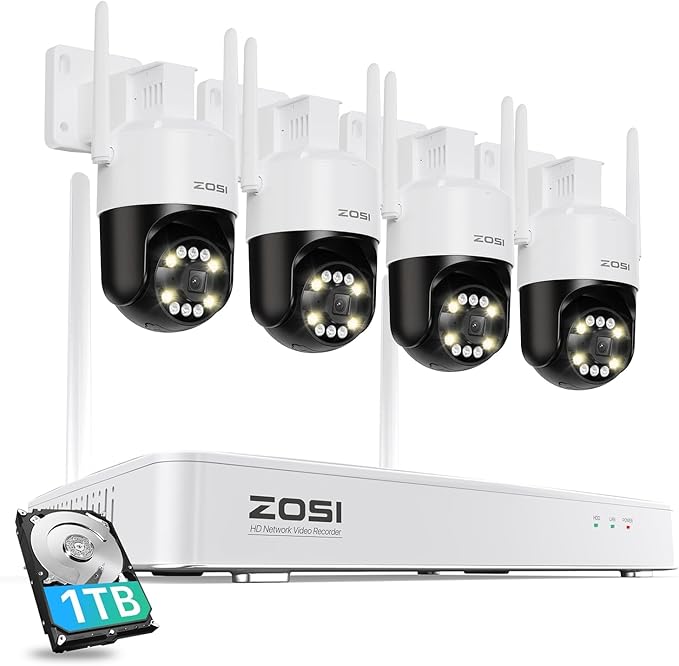 ZOSI 2K Wireless Security Camera System,4pcs 3MP Pan/Tilt Cameras Outdoor Indoor,Night Vision,Spotlight Siren,AI Human Detection,8CH 3MP WiFi Surveillance NVR with 1TB HDD for 24/7 Recording
