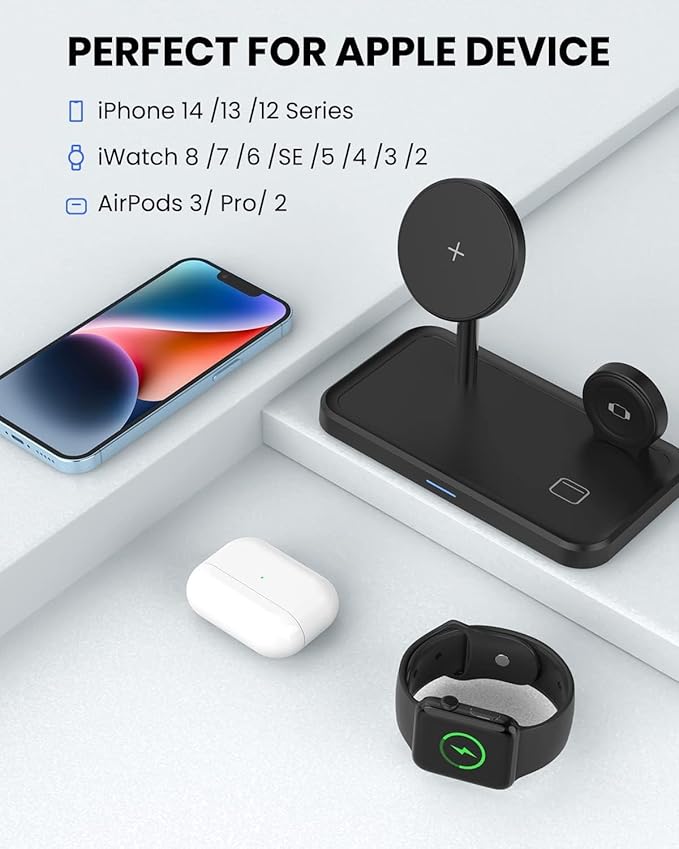 Wireless Charging Station for Apple Mag-Safe: JoyGeek 3 in 1 Magnetic Foldable Charger Stand for iPhone 16 15 14 13 12 Pro Max Plus - Apple Watch 10 9 8 7 6 5 4 SE - AirPods Pro 2/3/4
