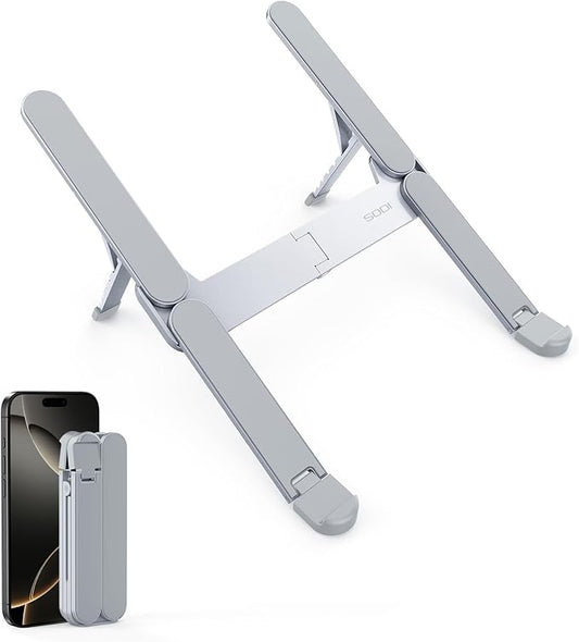 SODI Ultra Compact Foldable Laptop Stand - Portable Laptop Holder for Desk & Travel Use, Ergonomic Aluminum Computer Holder with Adjustable Height for MacBook, Tablet 10-16" (Light Gray, Bi-Fold)