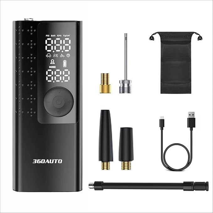 Portable Air Compressor Tire Inflator Pump – Cordless Electric 5X Faster Air Pump for Car, Bike, Ball & More – 150 PSI with Pressure Gauge, Battery Powered, Auto-Off, Accessories Included