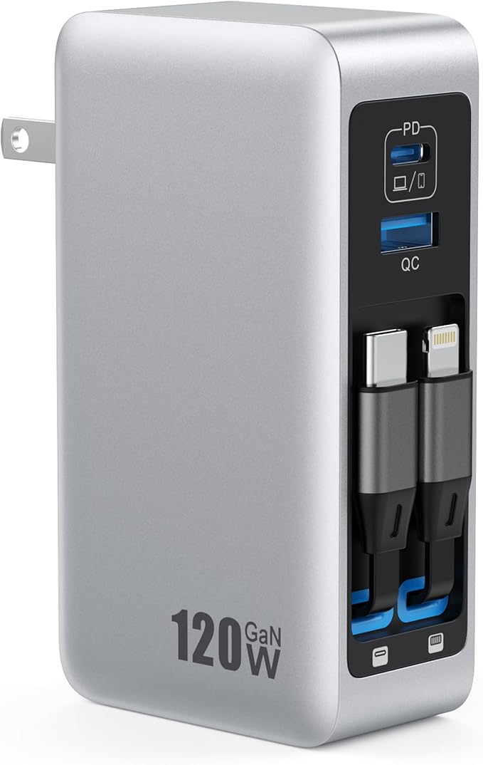 120W USB C Charger Block with 2 Built-in Retractable Cables,4-in-1 GaN IV Foldable Plug Wall Charger Fast Charging Station,PD 65W Laptop Adapter for Macbook/iPad,iPhone 16/15/14,Galaxy S24,Android etc