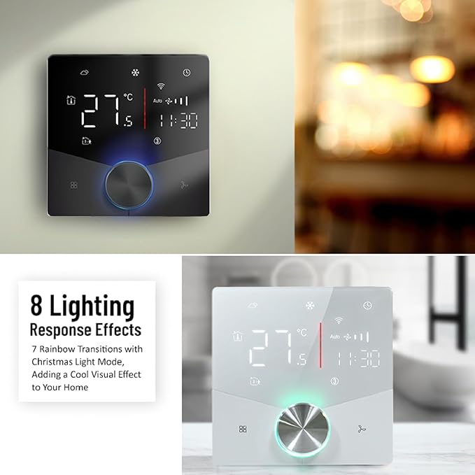 Central AC Thermostat Smart Energy Saving Control LED Panel Touch Key Thin Wall Mount Cool Lighting Effect WiFi Air Conditioner Thermostat for Home (White)